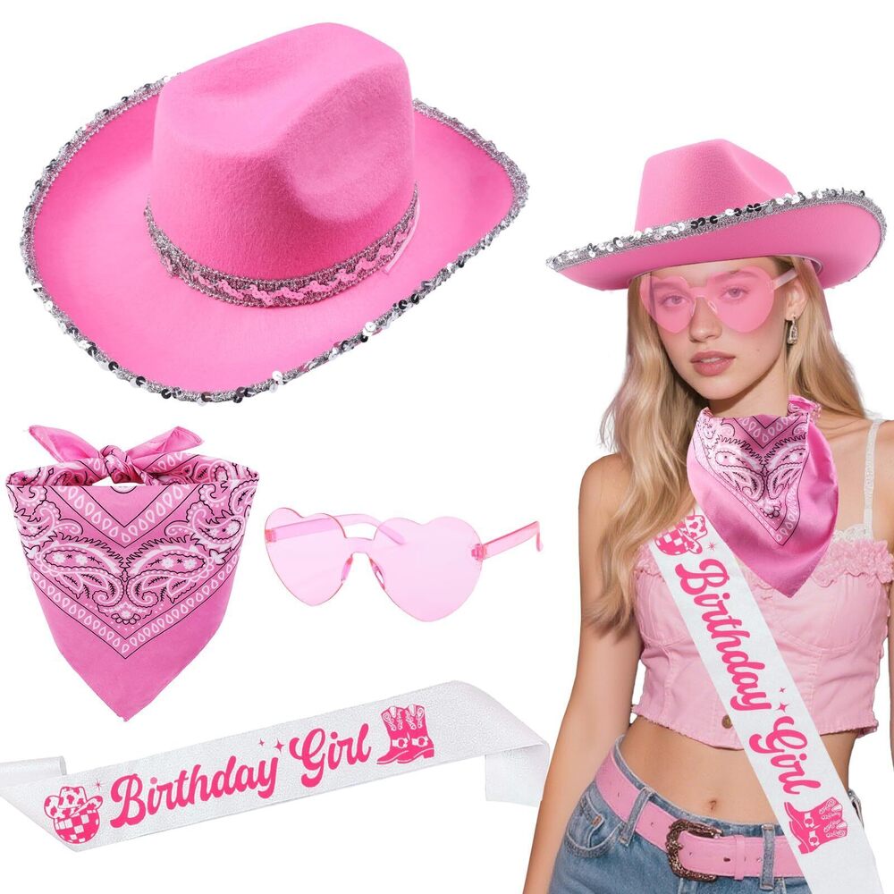 8317 4Pcs Cowgirl Birthday Accessories Set , Include Pink Cowgirl Hat